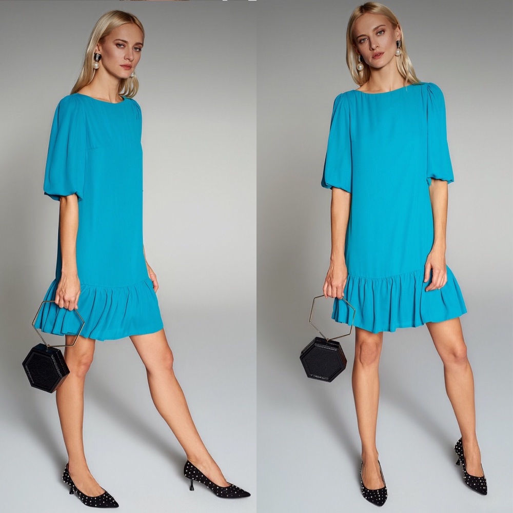 New Turquoise Pleated Mid-Length Casual Dress